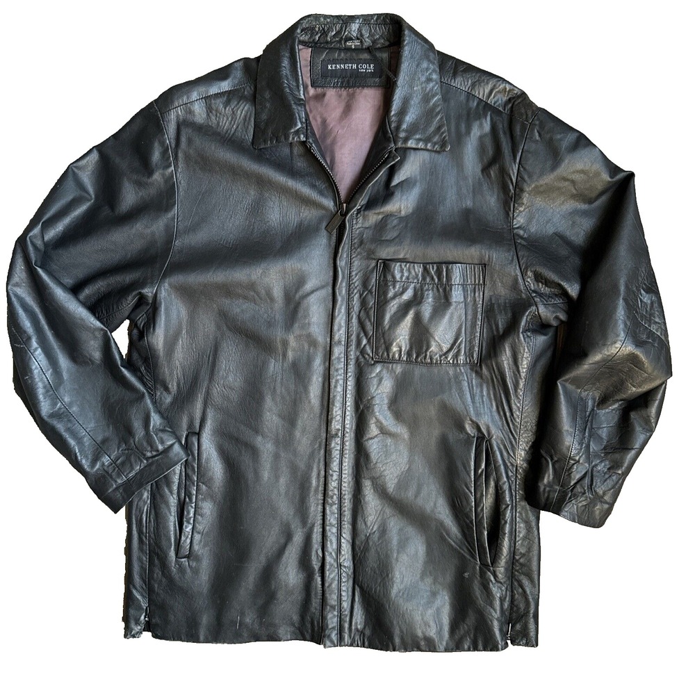 Kenneth Cole Lambs Leather Jacket Men S 90s Y2K Zip SOFT Black Mid Length Grunge
